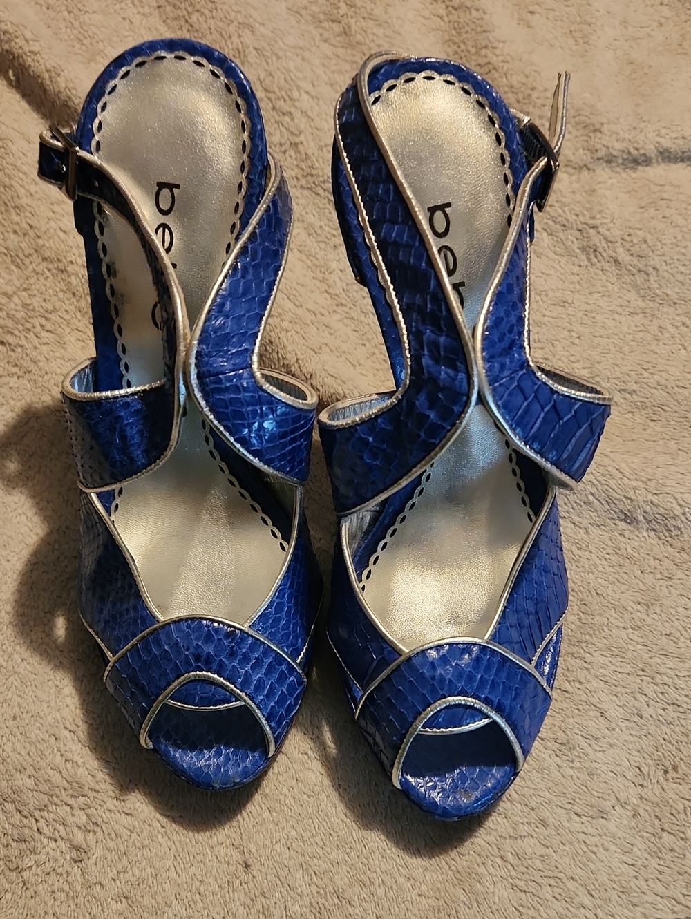 bebe Royal Blue Faux-Snakeskin Peep-Toe Slingback Heels with Silver Trim